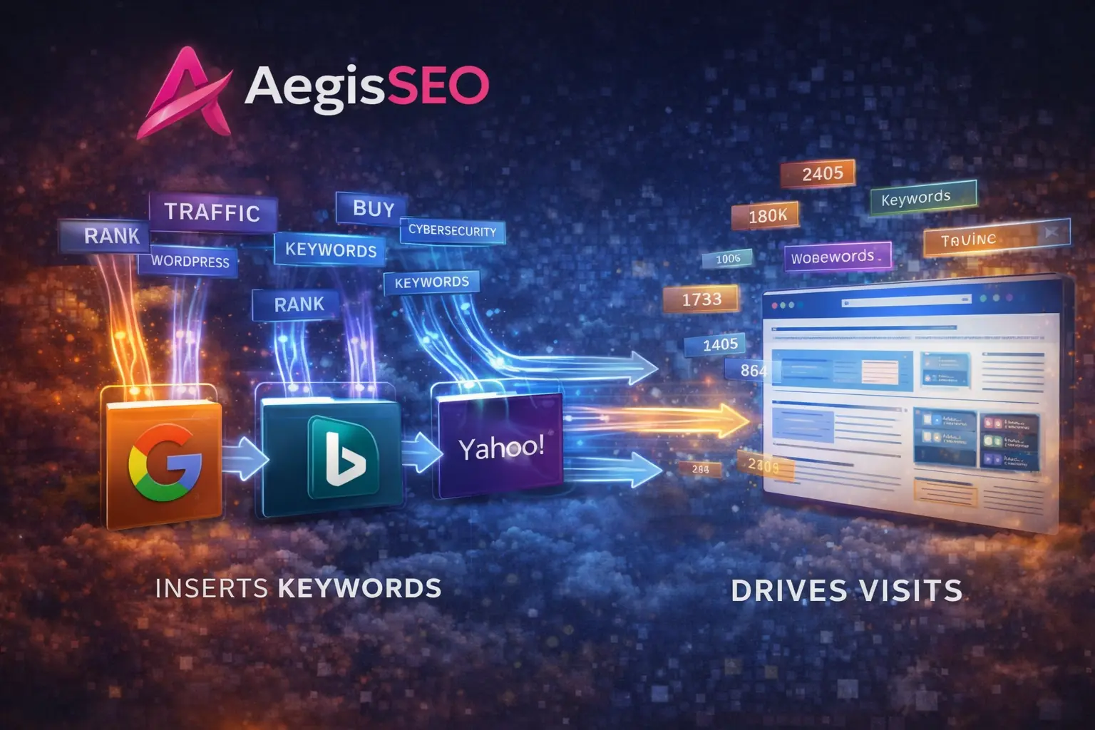 Abstract graphic representing search engine optimization with interconnected digital nodes and data icons.