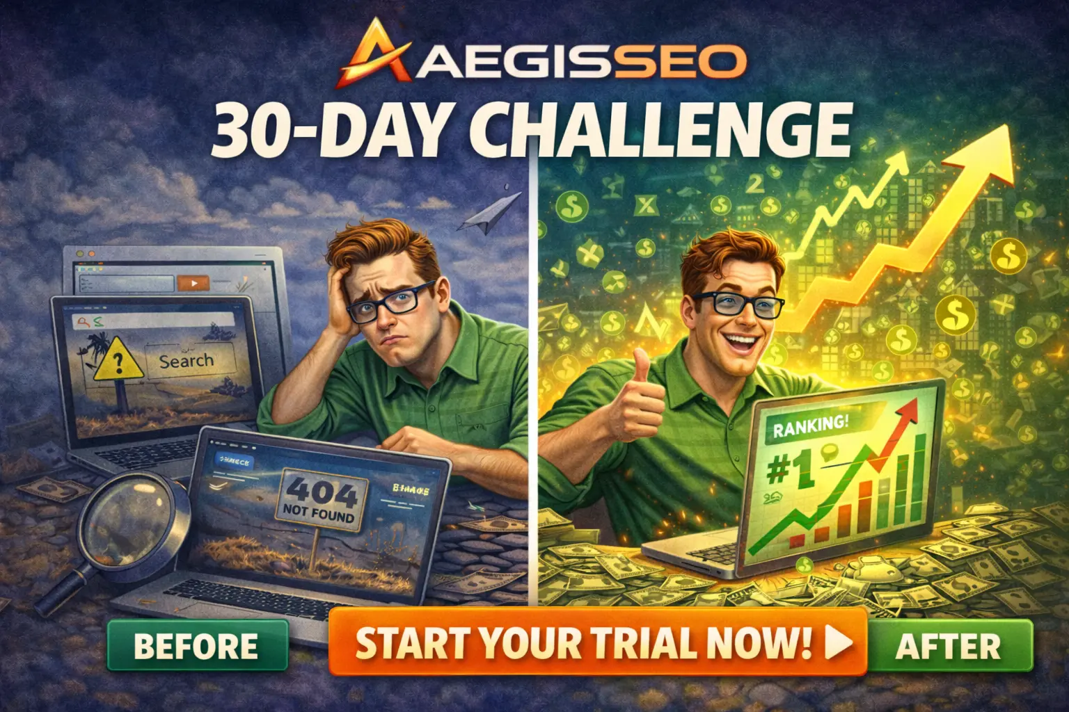 A 30-day SEO challenge graphic featuring a calendar icon and text promoting a free SEO improvement program.
