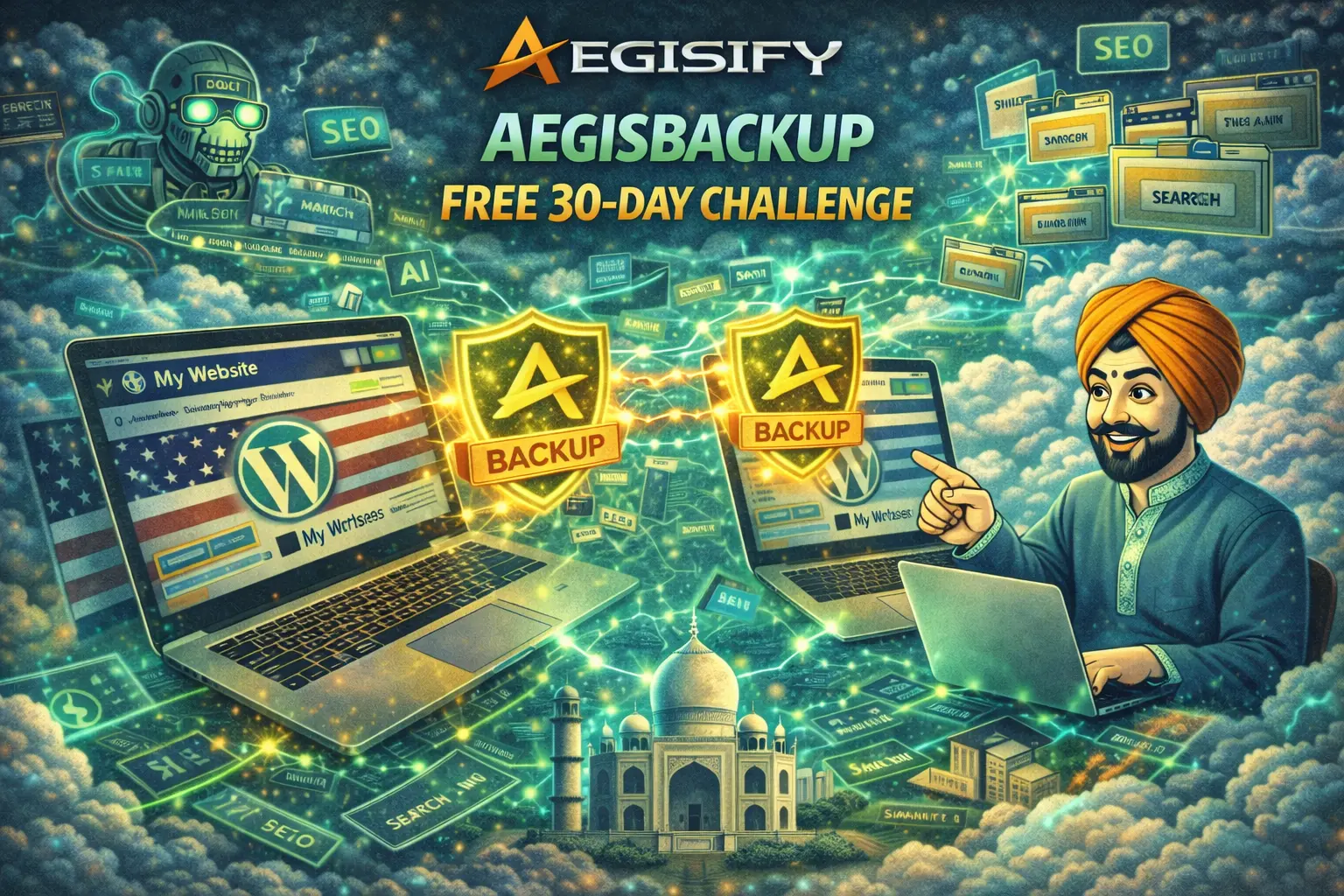 A man smiling while holding a laptop, representing a satisfied Aegisify user.