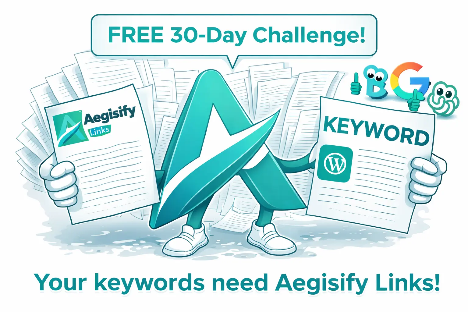Word cloud featuring terms like SEO, links, analytics, and WooCommerce, representing WordPress growth strategies.