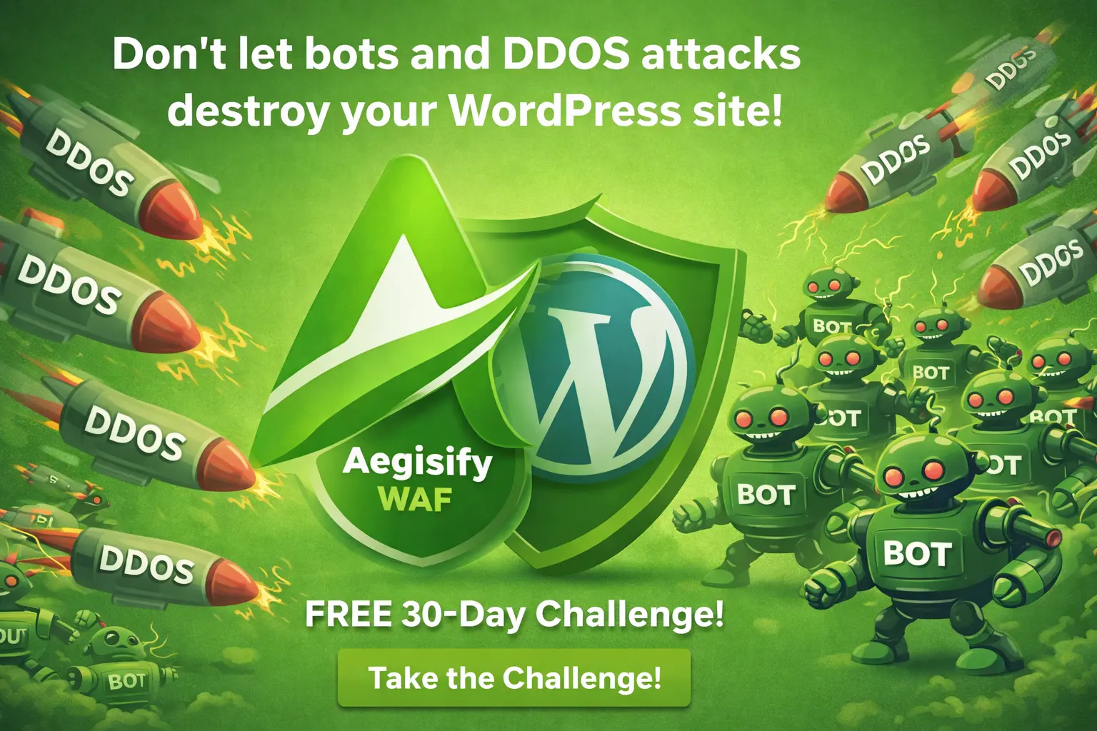 Aegisify WAF logo and WordPress icon representing website security and DDoS protection.