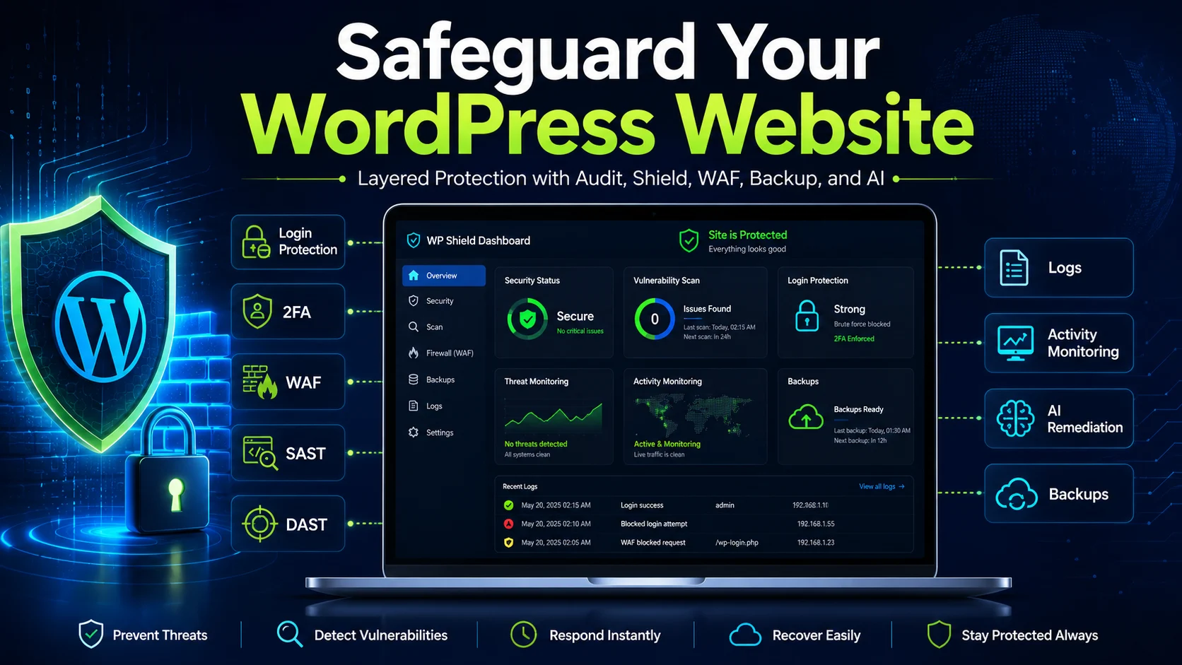 A digital illustration of a secure padlock icon over a stylized WordPress logo, representing website security.