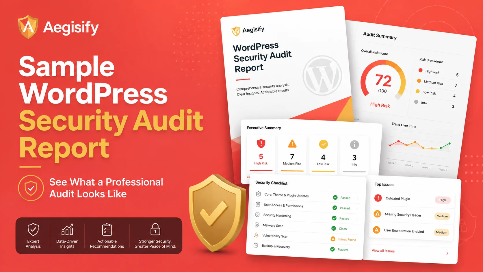 A digital document titled Aegisify Audit Report displaying security assessment metrics and charts.