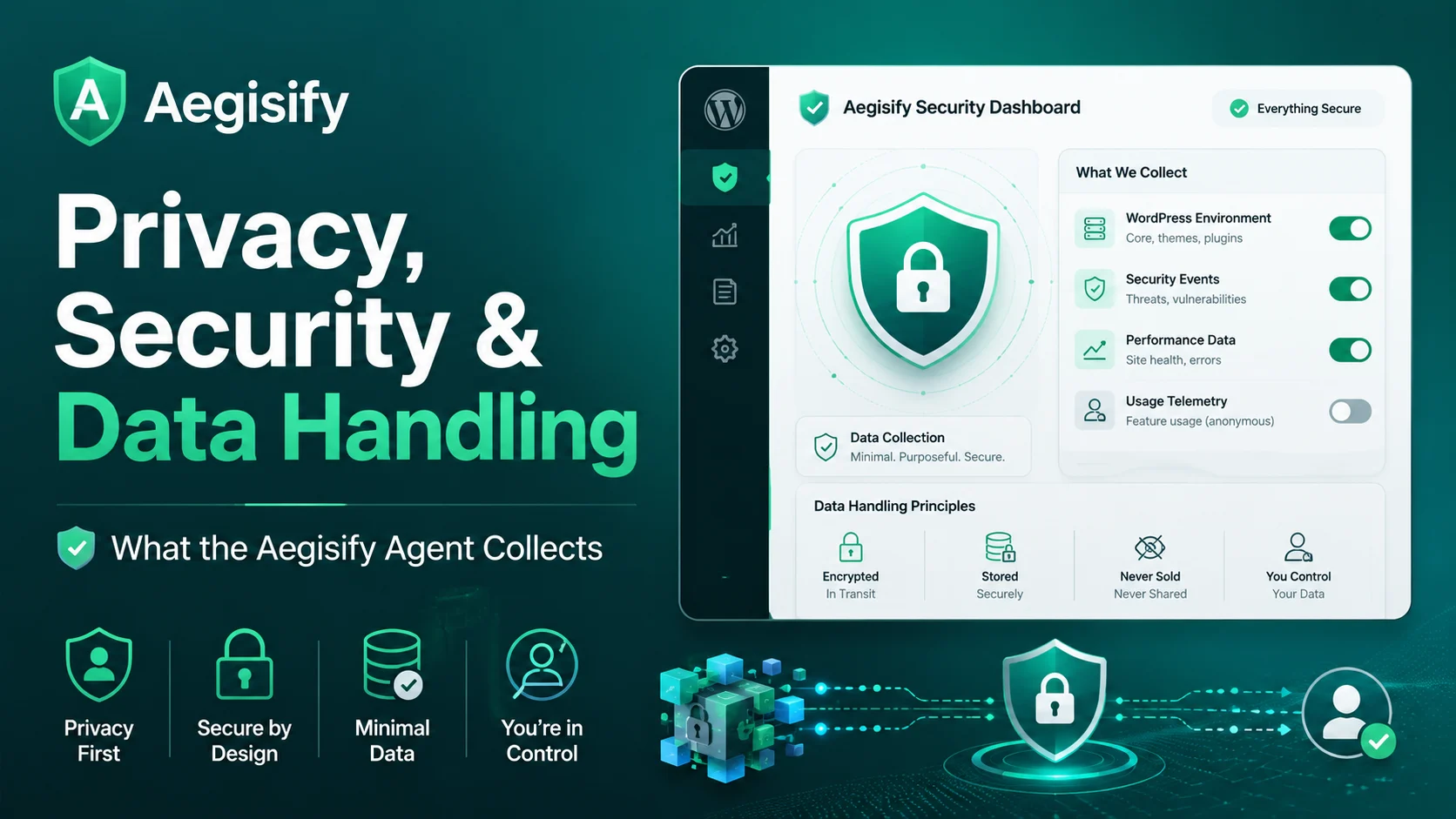 Abstract digital graphic representing data privacy and cybersecurity with interconnected nodes and shield icons.