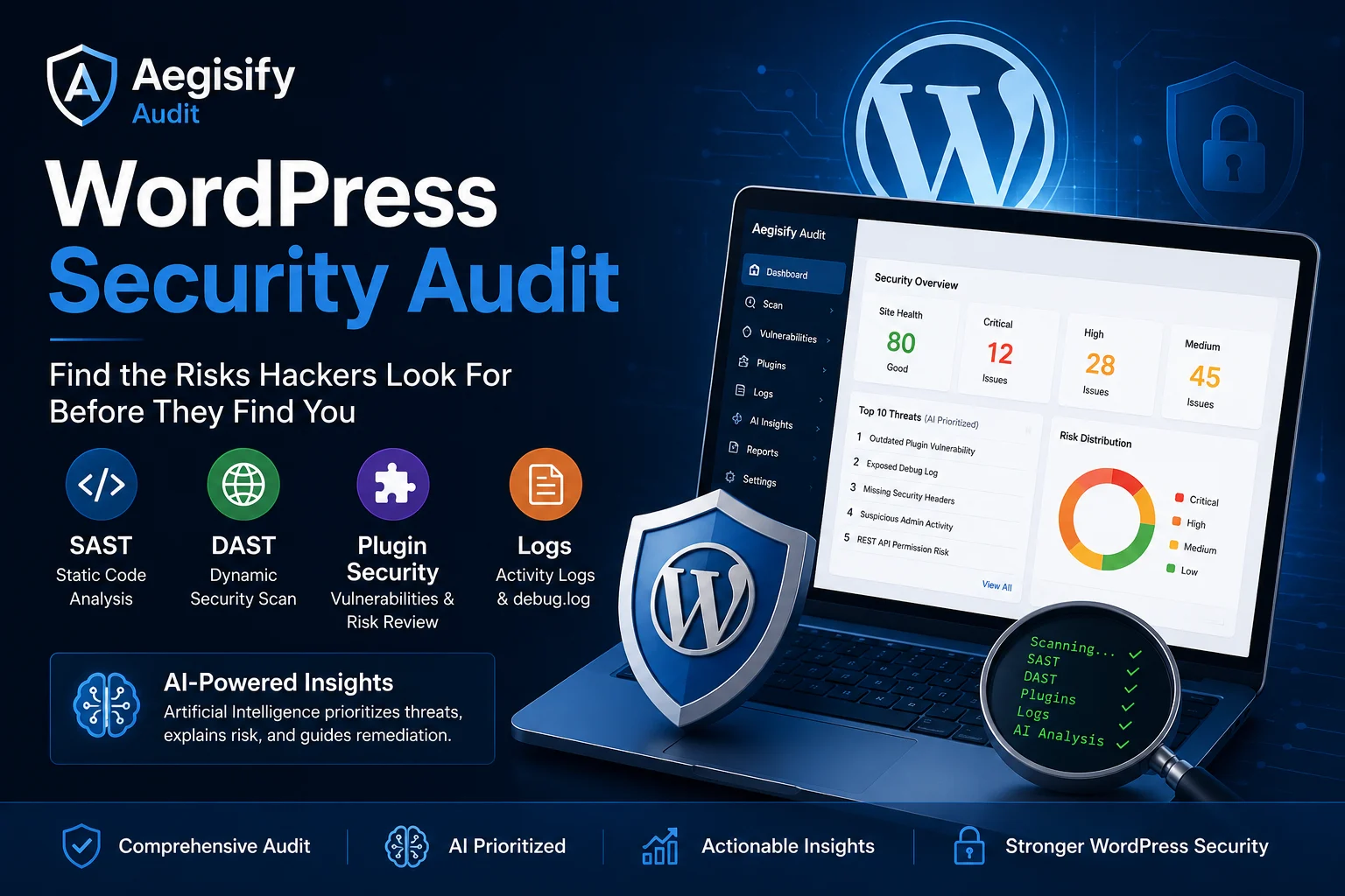 Abstract digital illustration of a shield protecting a WordPress logo from cyber threats.
